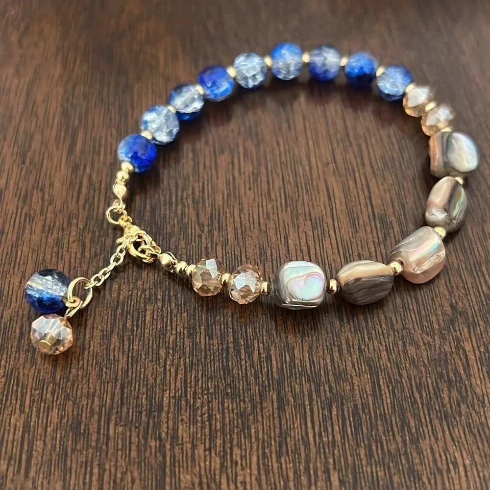 Ocean Blue Mixed Bead Bracelet –Handmade Mother of Pearl & Crystal Gold Jewelry